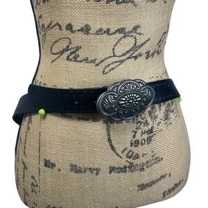 Black Boned Leather Decorative Silver Western Boho Buckle Belt Women's Large
